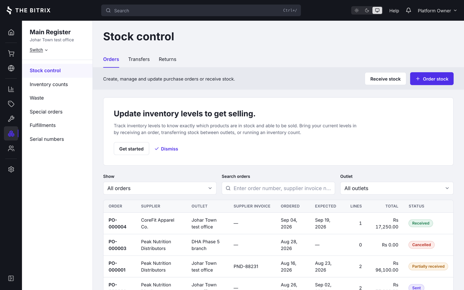 Stock control, listing purchase orders by supplier and outlet with the date ordered, the date expected, the number of lines, the total and a status of received, partially received, sent or cancelled.